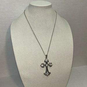 Silver Bedazzled Rhinestone Long Chain Ornate Cross Necklace 15 Inch Bling